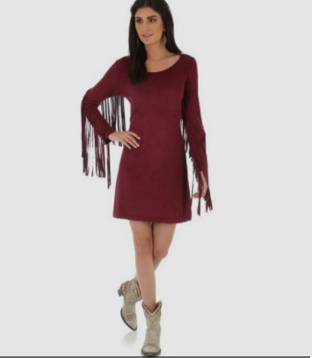 Wrangler Maroon Fringe Sleeve Dress Size S Western Cowgirl Rodeo Country